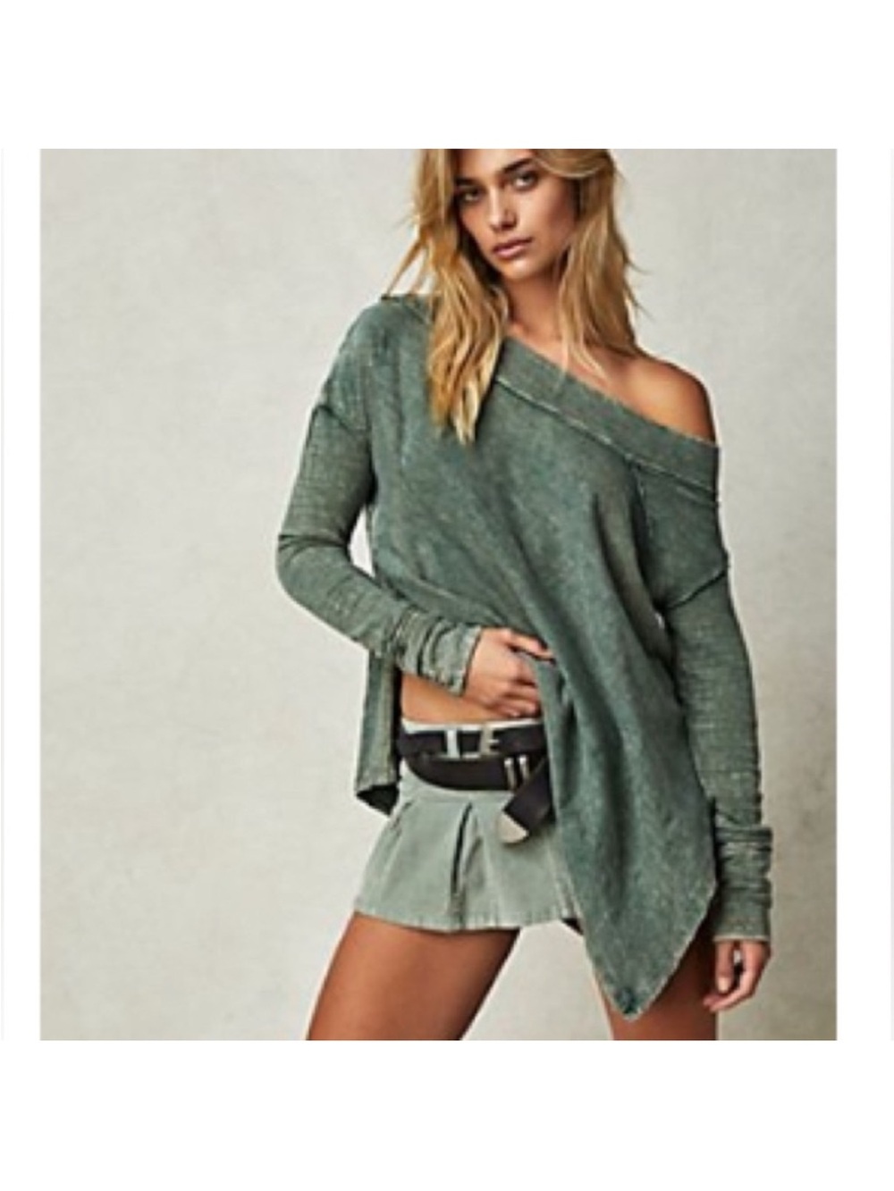 We The Free Off-Shoulder Long Sleeve Distressed Henley Top in Olive Green